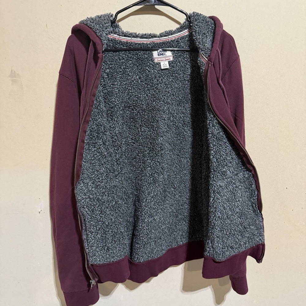 Lands End Serious Sweats Hoodie Mens L Large Full Zip Sherpa Lined Burgundy - Picture 4 of 8